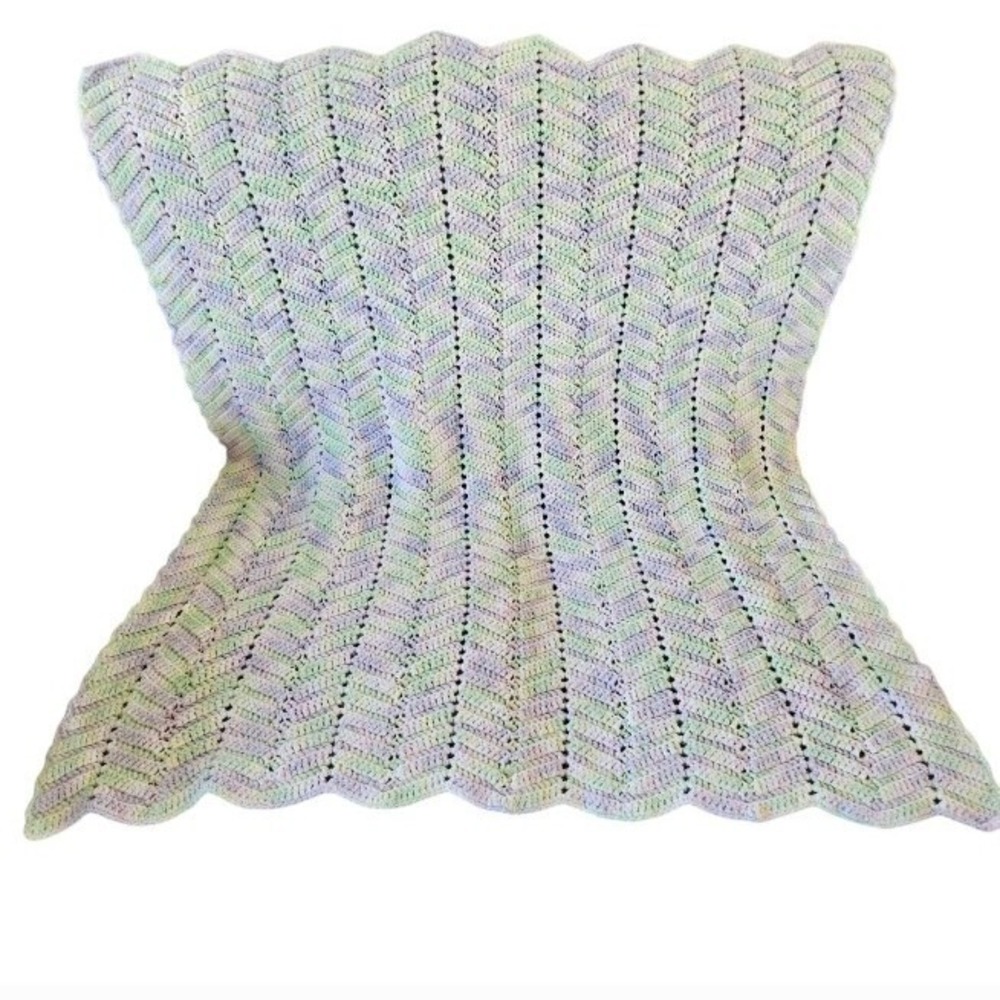 Pastel Purple Pink Green Hand Crochet Baby Afghan Blanket Scalloped Edge Girl